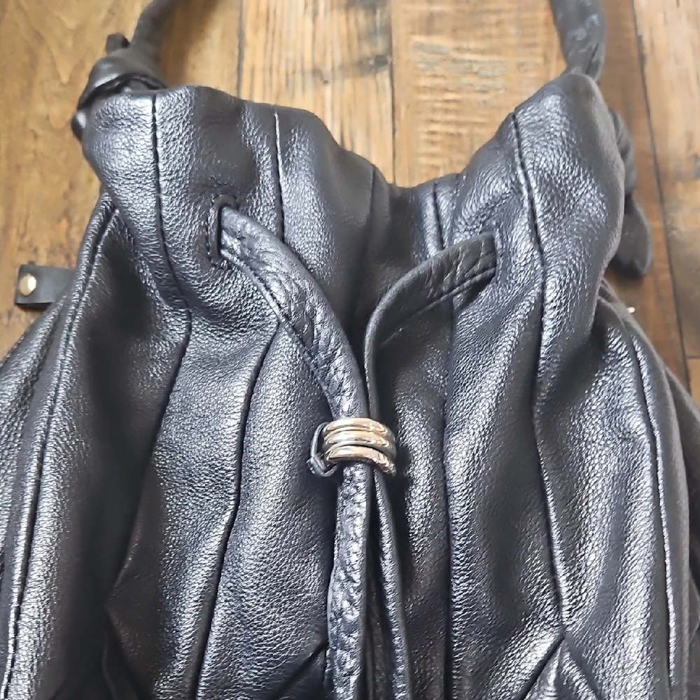 Elliott Lucca Luxury Quality‎ Chic Black Genuine Leather Hobo Draw String Bag